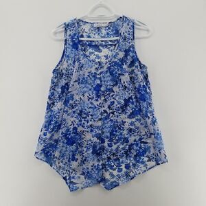 🎁5/$25 Ricki's Tank Top Women Small White Floral Print Gathered Top Sleeveless